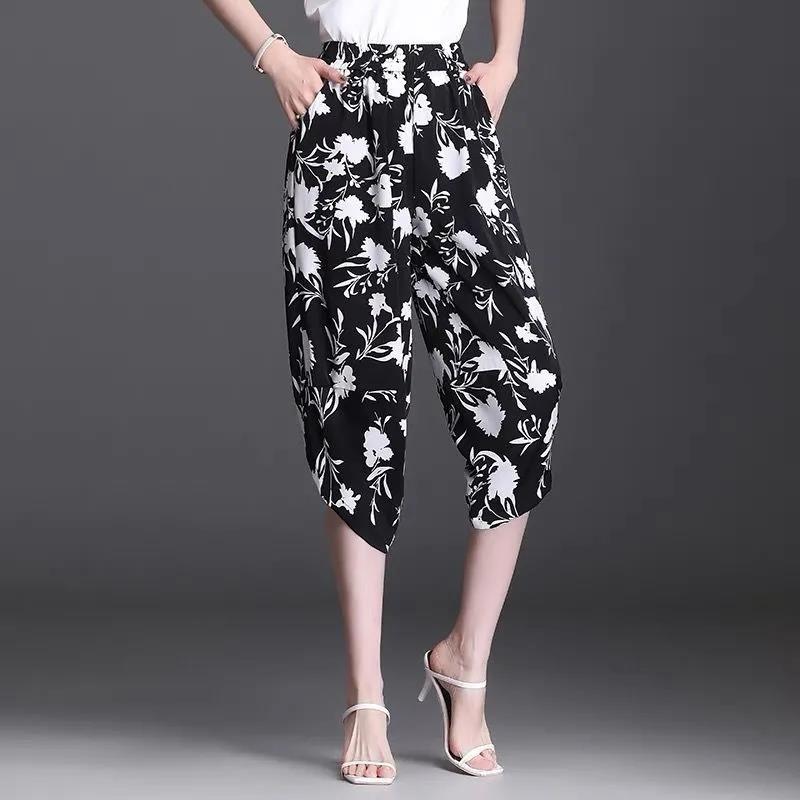 Women's Summer Thin Ice Silk Bloomers Printed Cropped Trousers Women's Loose and Thin High-waisted Harem Pants