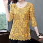 M-4XL Blouse Loose Round Neck 3/4 Sleeves Solid Color Fashion Shirt Plus Size Slim Fit Elegant Hollow Lace Shirt Top