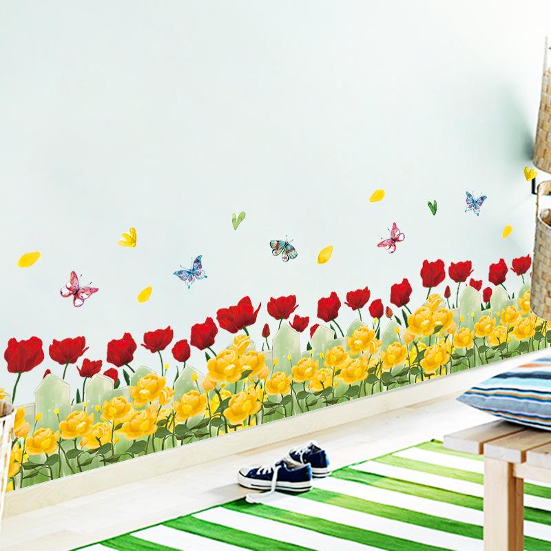 Watercolor Rose Flower Baseboard Wall Sticker Bedroom Living Room TV Sofa Background Decoration