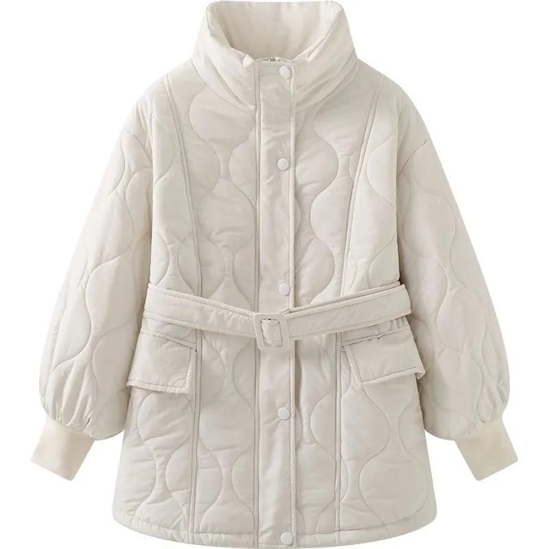 Winter Jackets for Women White Thick Warm Coat with Tie Belt Elegant Lady Cotton Casual Parkas Fashion Solid Down Jacket