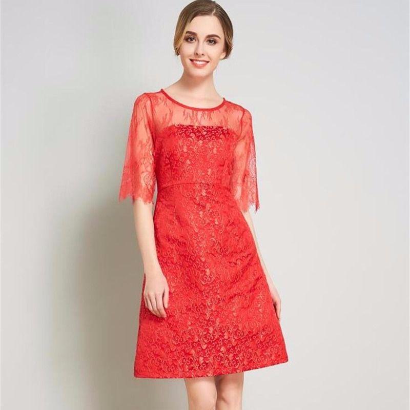 Fashion Summer Off-shoulder Sexy Slash Neck Red Lace Dress Knee-length Asymmetrical Party Dress