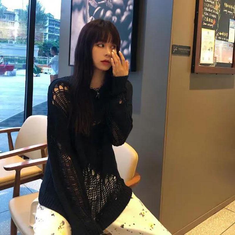 Gothic Punk Hole Sweaters Women  Streetwear Harajuku Sweaters Hollow Out Broken Knitted Jumper Woman Pullover Sweater