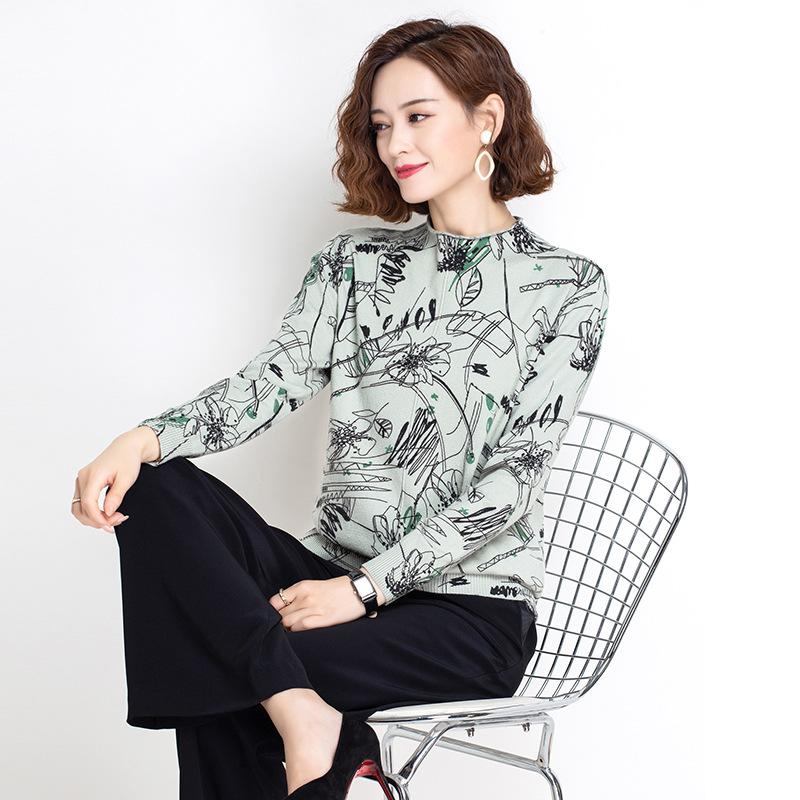 Turtleneck Sweater Ladies Winter Thick Warm Woolen Sweater Retro Printing Knitted Bottoming Sweater Pullover Jumper Outwear