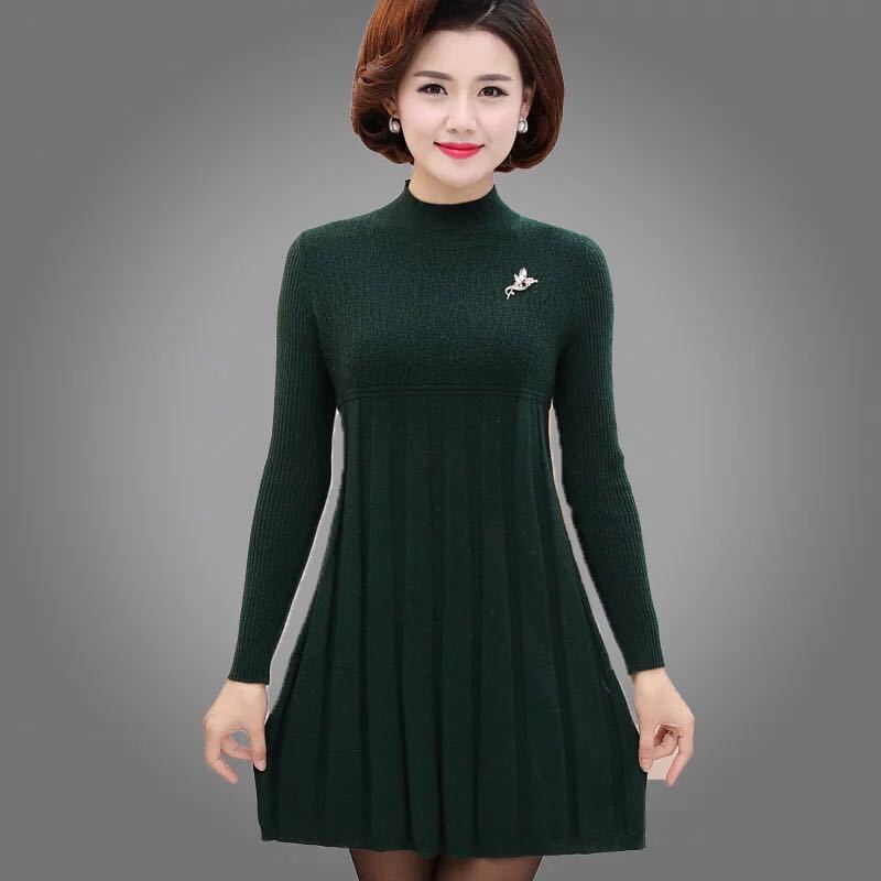 Autumn and Winter Loose Mid-length Dress Half High Neck Knitted Casual Bottoming Shirt Middle-aged Women Sweater Dress