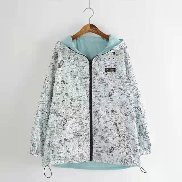 Prettylan Women Jacket Coat Pocket Zipper Hooded Two Side Wear Cartoon Print Outwear