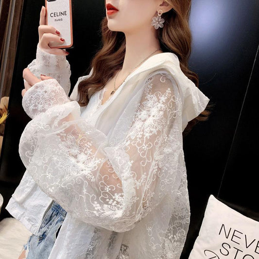 Lace Embroidered Sunscreen Ladies Summer Mesh Splicing Thin Hooded Short Cardigan Top