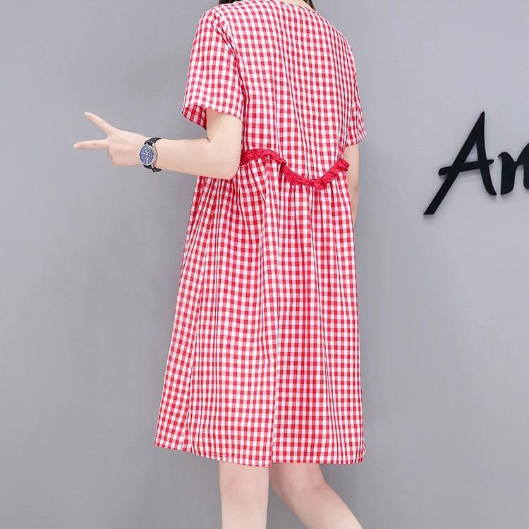 Plaid Lace Skirt S-XXXL Summer Cotton Neckline Round Short-sleeved Knee-length A-line Dress