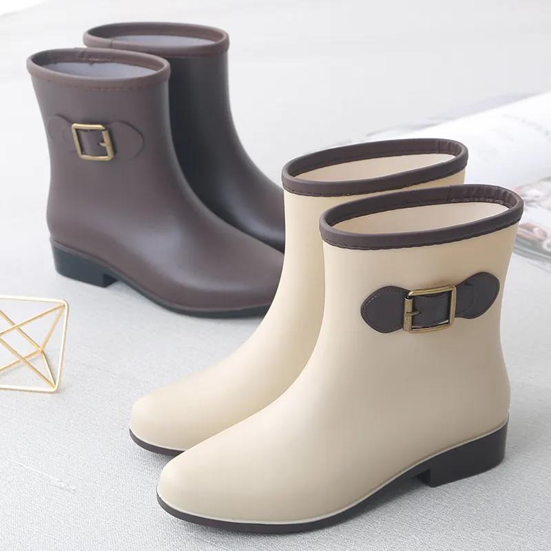 Rain boots women's mid-tube water shoes short boots non-slip flat plastic shoes kitchen shoes adult water boots
