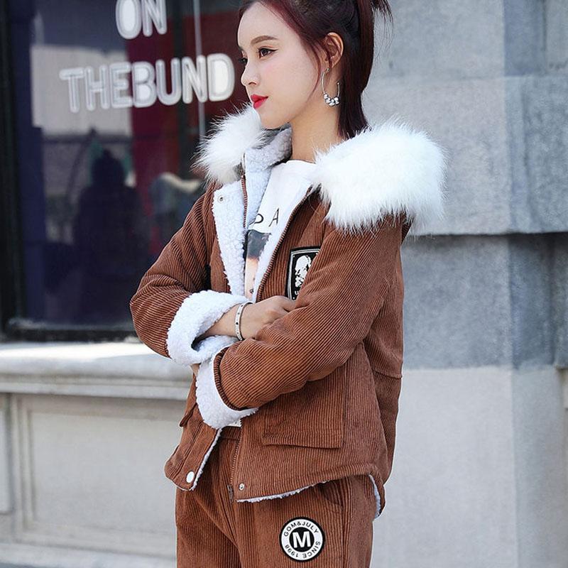 2pcs/set Winter Parka Women Fleece Liner Hooded Parka Coat+ Pant Two-piece Set Ladies Causual Warm Jacket   Outwear Outfits
