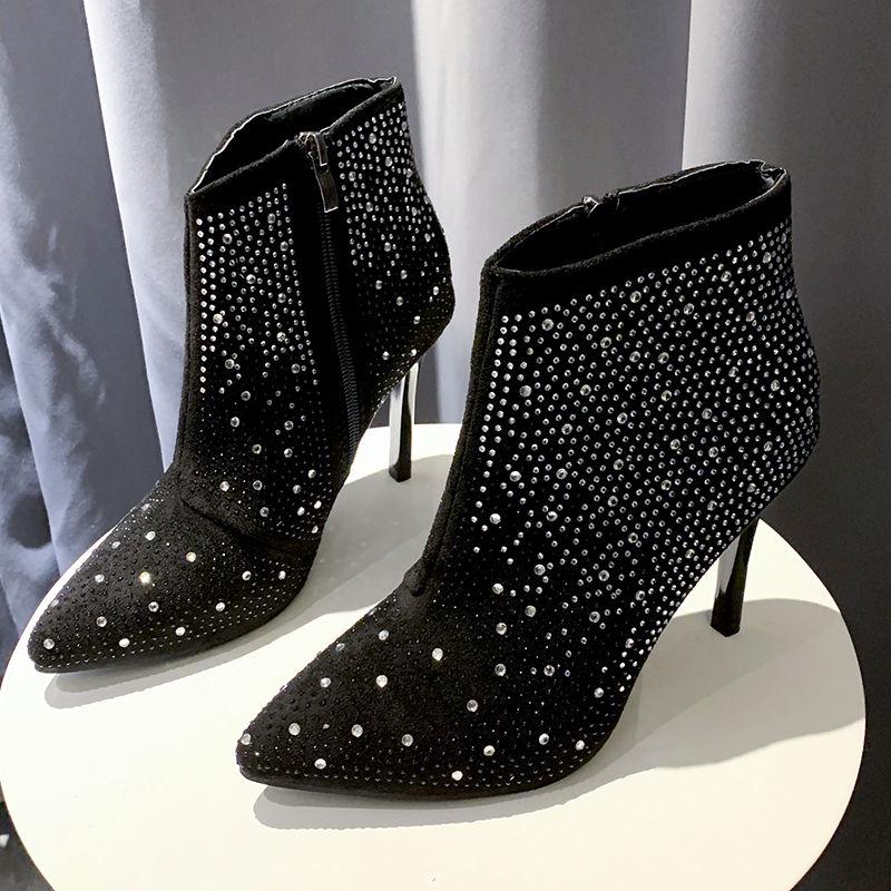 Ladies Zip High Heels Boots Women Pointed Toe Glittering Party Wedding Ankle Martin Boots Shoes