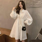 Woman Dress Long Sleeve Turn-down Collar Solid Sweet Elastic Waist Simple Elegant Pleated Streetwear