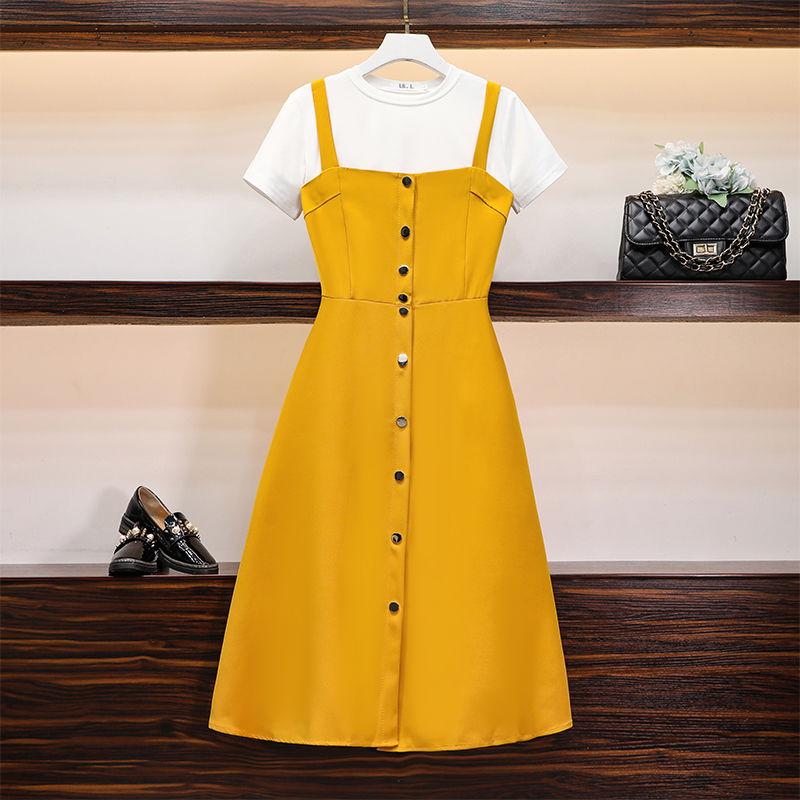 Womens Summer Dresses  Short-sleeved Shirt Top and Long  Strap Dress Two-piece Set Plus Size Outfits