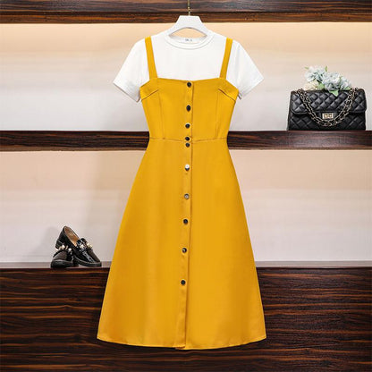 Womens Summer Dresses  Short-sleeved Shirt Top and Long  Strap Dress Two-piece Set Plus Size Outfits