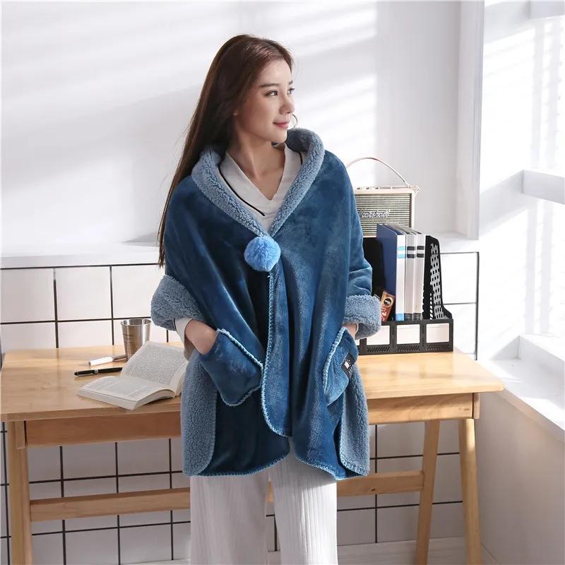Autumn  Winter Multi functional Shawl Blanket Office Nap Blanket Thick Flannel Lamb Wool Blanket Knee Blanket Fur Ball Pocket Mantle Shawl
