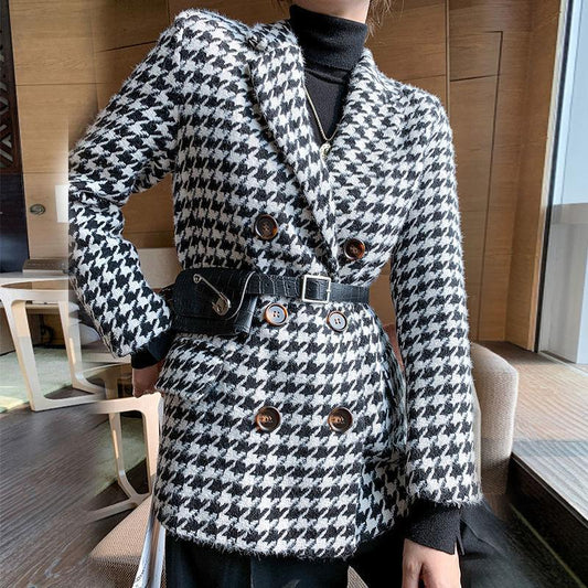 Houndstooth Woolen Coat Thick Loose Autumn Winter Coat Women Thicken Slim Pea Coat