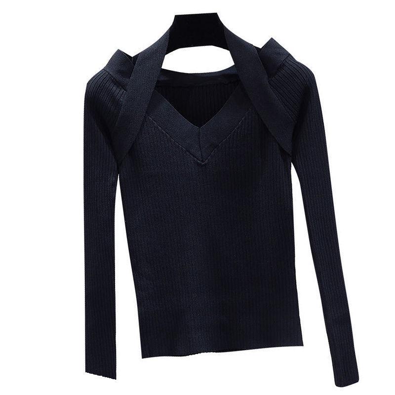 Autumn Slim V-neck Pullover Sweater Feminine Halter Neck Off-shoulder Knit Sweater Top Stretch Knitwear jumper