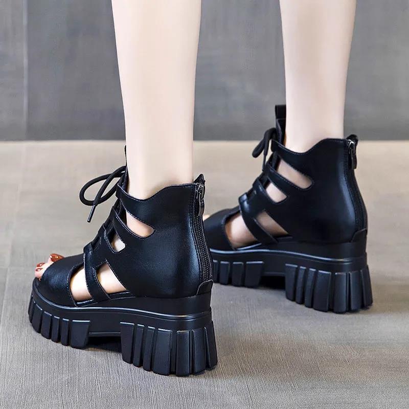 Women's Platform Sandals Hollow Breathable Boots Summer Wedge Heel Mesh Fish Mouth Shoes