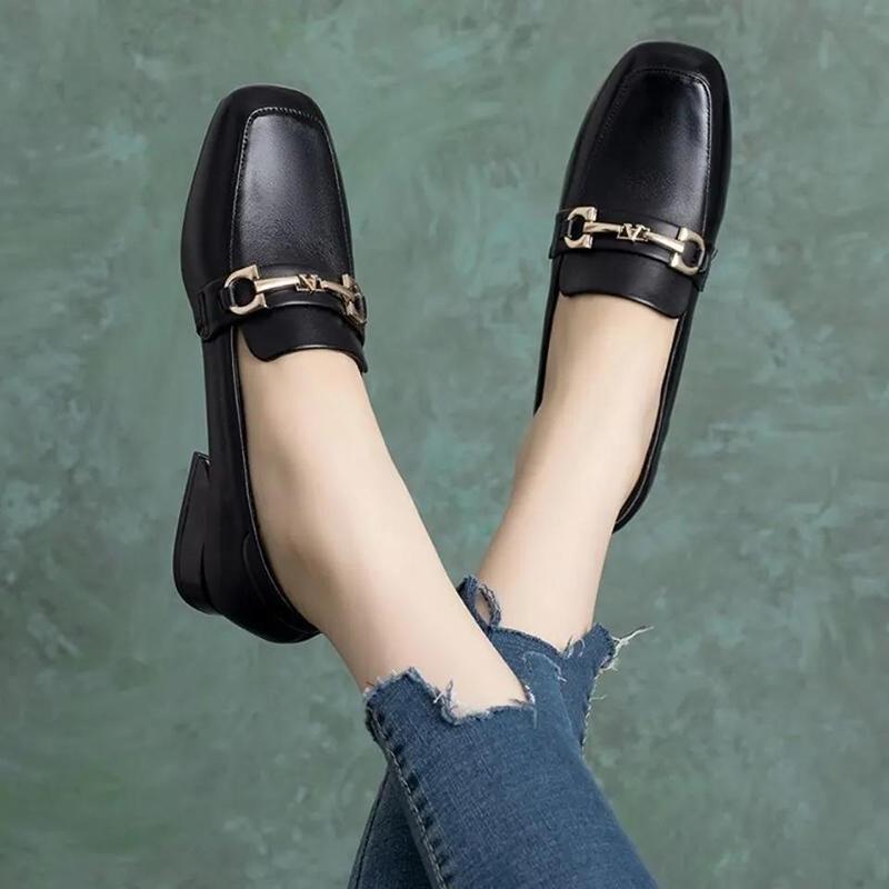 Soft Leather Single Shoes Women's Low-heel Carafe Square-toed Leather Shoes Thick Heel British Style Slip-on Work Women's Shoes