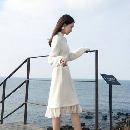 Pofulove plush dress women Dress sweater lace plus size fairy net skirt Slim-fit base sweater