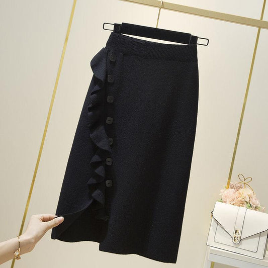Knitted Skirt Women's Autumn Winter Skirt Winter with Sweater Wooden Ears Hip Single-breasted Skirt