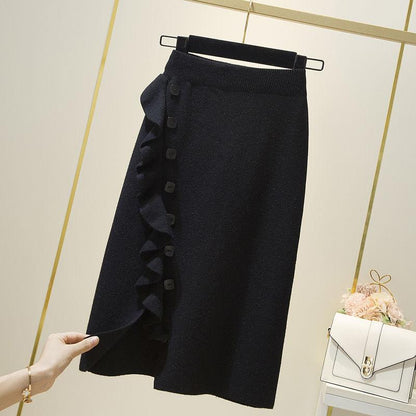Knitted Skirt Women's Autumn Winter Skirt Winter with Sweater Wooden Ears Hip Single-breasted Skirt