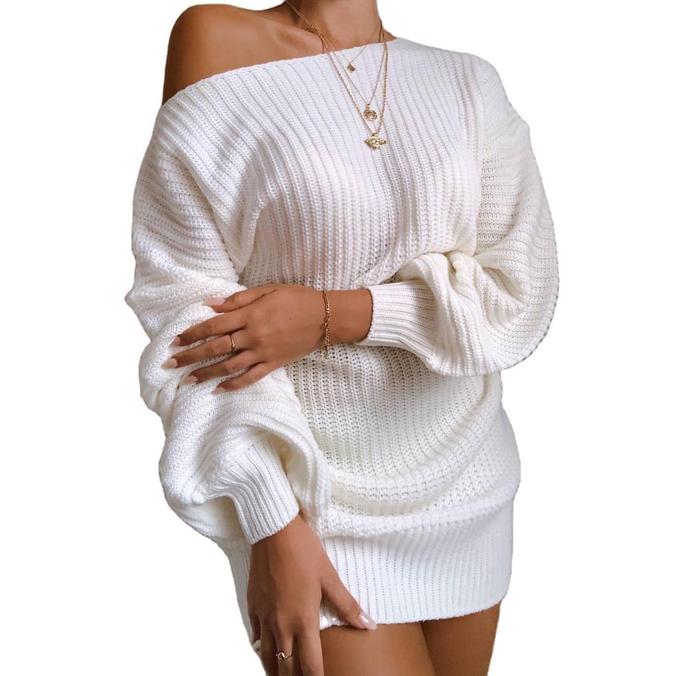 Women Loose Round Neck Sweater Woolen Dress Autumn Winter  Solid Color Knitted Sweater