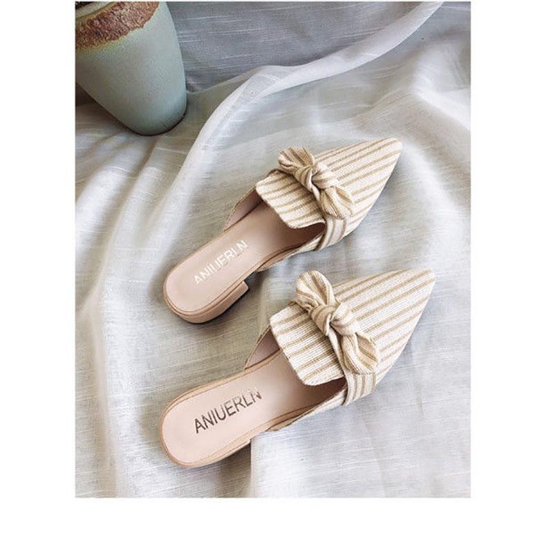 Sandals and Slippers Women's Outer Wear Spring and Summer Square Toe Korean Version of Thick with Bows All-match Lazy Half Slippers