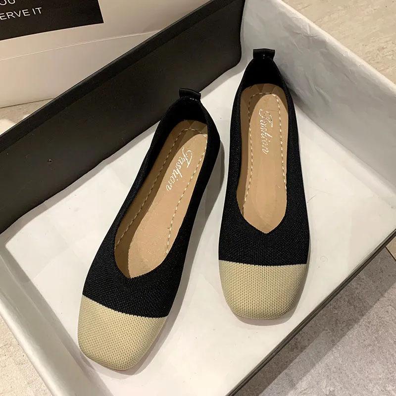 Knitted Flat Shoes Women's Spring Korean All-match Square Toe Peas Shoes Shallow Mouth Maternity Shoes Single Shoes Slip on Breathable Granny Shoes