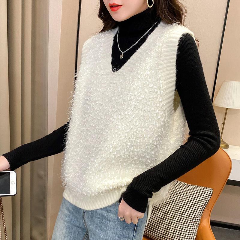 Spring and Autumn Loose Sleeveless Sweater Solid Color Knitted Vest Women's V-neck Bright Silk Fleece Top