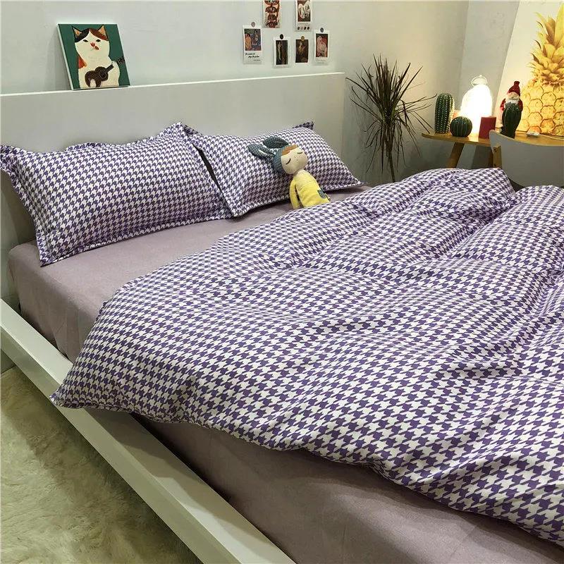 Houndstooth Nordic Simple Ins Bed Four-piece Set of Sanding Quilt Cover Sheet Washed Cotton Student Dormitory Three-piece Set