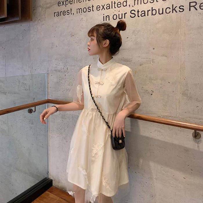 Pofulove S-4XL Women O-neck Feather Mesh Dress Loose Slim Sweet Short-sleeved Dress Short Cheongsam
