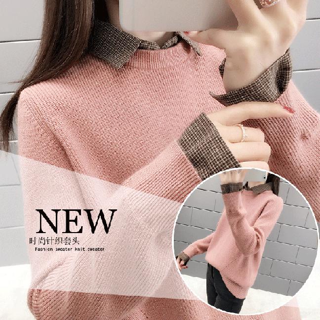 Autumn Winter knit Sweater Women Loose Pullover Sweater Korean Fake Two-piece Sweater Top for Student Office Ladies