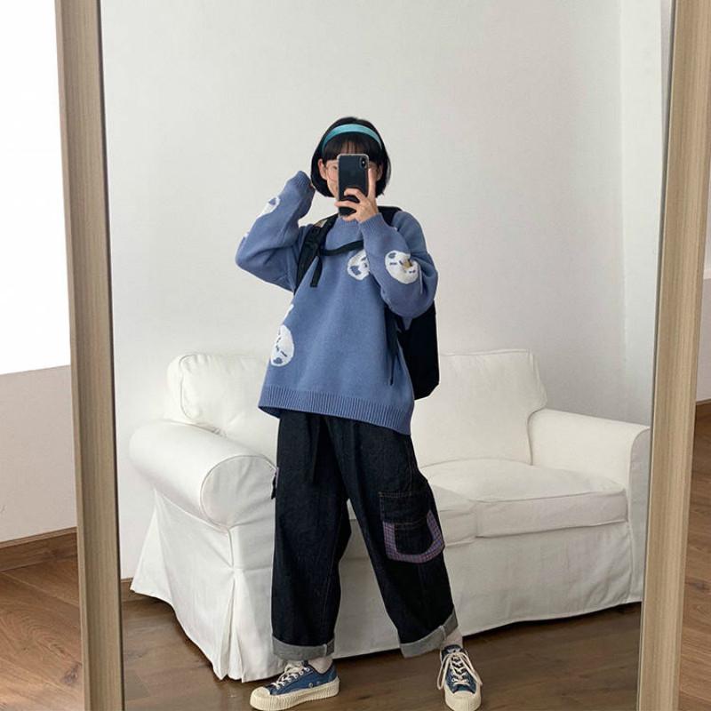 Pofulove Autumn Winter Japanese Sweet Cartoon Bear Sweater Female Students Loose Wild knitted Coat