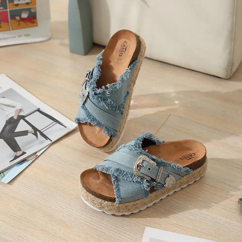 Summer Women's Shoes Handmade Hemp Rope Drag Sandals Cross Denim Increased Thick Bottom All-match Retro Popular Fashion Slippers