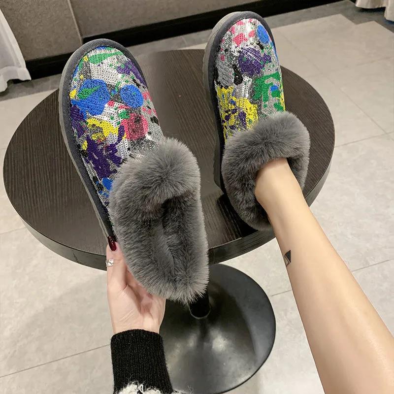 Snow Boots Women's Winter All-match Short Boots Sequined Short Boots To Keep Warm and Velvet Cotton Shoes Tide