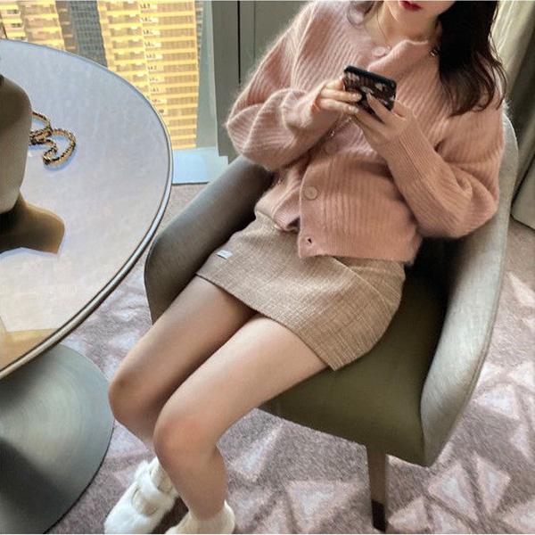 Spring and Autumn Lantern Sleeve Cardigan Sweater Student Casual Long Sleeve Sweater Loose Round Neck Short Knitted Coat