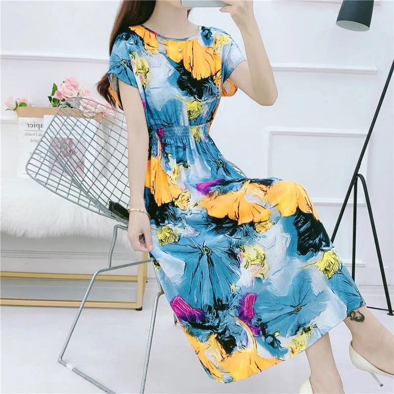 Summer Long Dress Casual Comfort Cotton Dress Floral Print Short Sleeve Dress Plus Size