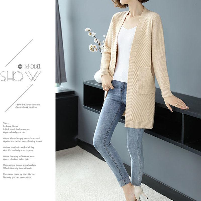Autumn and Winter Wool Cardigan Sweater Large Size Medium and Long Loose Jacket Pure Color Simple Middle-aged Ladies Jacket