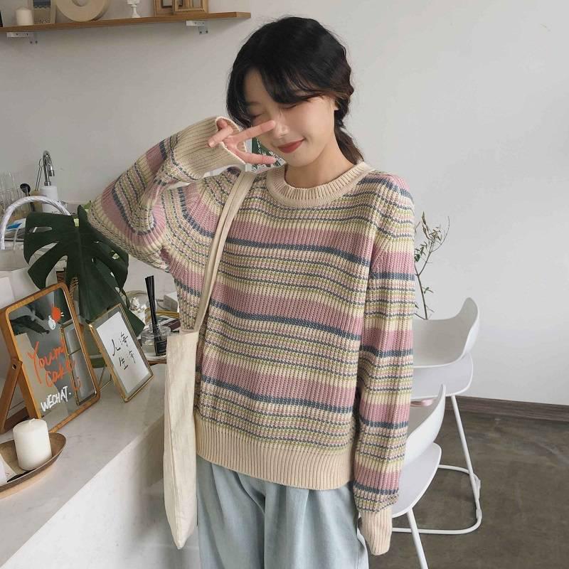 Pofulove Turtleneck Crew Neck Autumn Winter College Style Loose Long-sleeved Strip Sweater Pullover