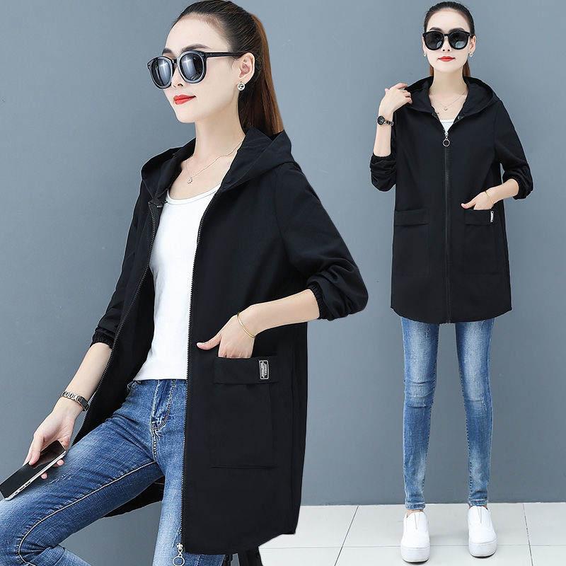 Spring and Autumn Windbreaker Hooded Jacket Loose Casual Mid-length Temperament All-match Jacket Women