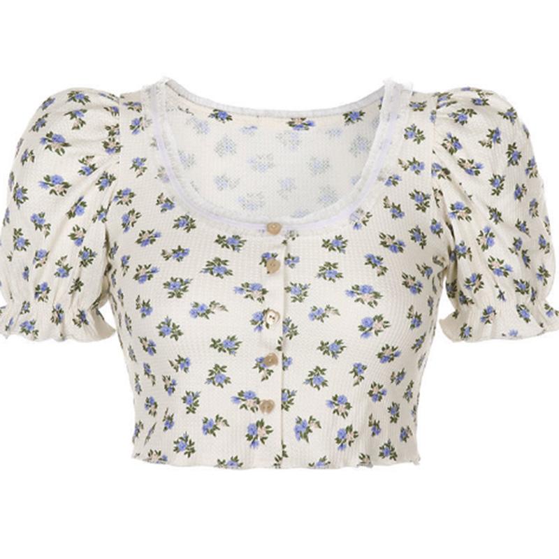 French Pastoral Style Floral T-shirt Women's Square Collar Puff Sleeves Short Slim Bottoming Short-sleeved Top Summer