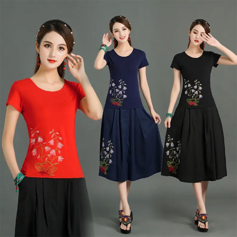 Cotton Linen Skirt Ethnic Style Women's Elastic Waist Embroidered Flower Chinese Style Four Seasons Skirt with Pockets