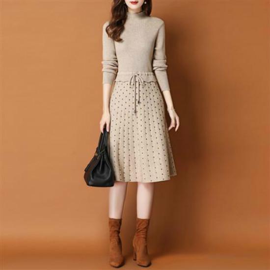 Winter Knit Dress Long Sleeve Slim Fit Polka Dot Sweater Dress Lady Ladies Warm Long Skirt