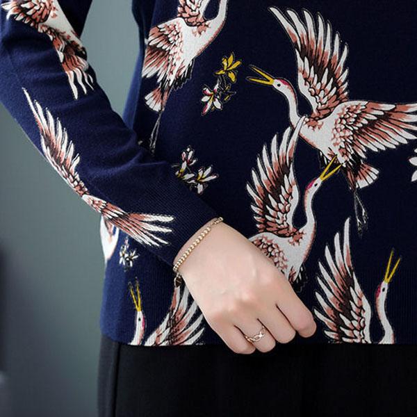 Women's Plus Size Knit Sweater Vintage Printed Cashmere Sweater Female High-end O-Neck Woolen Sweater Outwear Jacquard Weave Pullover Warm Jumper Top