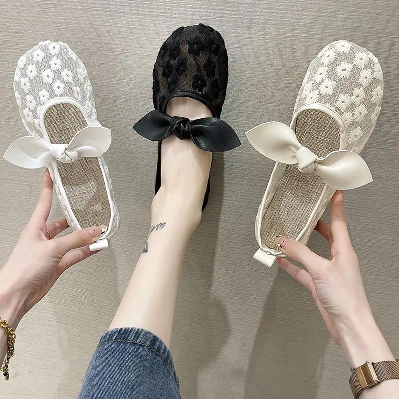 Cotton and Linen Embroidered Beanie Shoes Literary and All-match Single Shoes Sweet Bow Sandals Women's Comfortable Loafers
