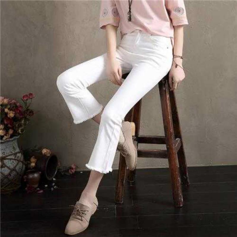 WTEMPO Women's White Flare Jeans Stretch Slim High Waist Significantly Tall 9-point Pants Casual Jeans