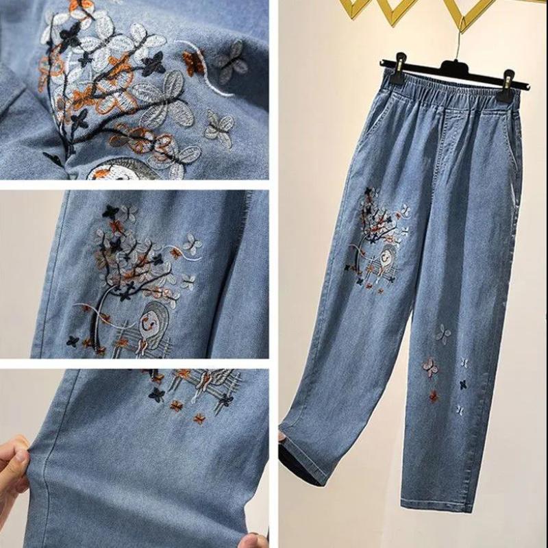 Spring and Autumn Embroidered High Waist Jeans Women's Large Size Loose and Thin Korean Female Student Nine Harlan Daddy Pants