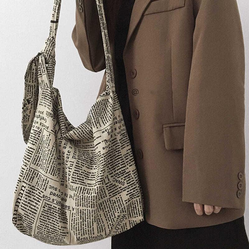 Women Canvas Bags Travel Casual Large Daily Shoulder Tote Shopper Handbag Simple English Newspaper Sense