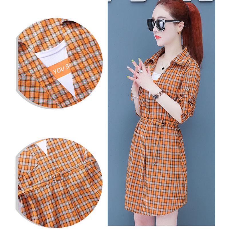 Pofulove Summer dress plus size women's plaid dress slim short sleeve shirt dress with pocket