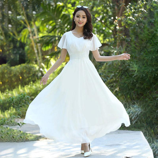 Summer Dress Long Skirt V-neck Chiffon Self-cultivation Women's Bohemian Beach Skirt Fairy Skirt Fabric Light and Breathable Large Skirt